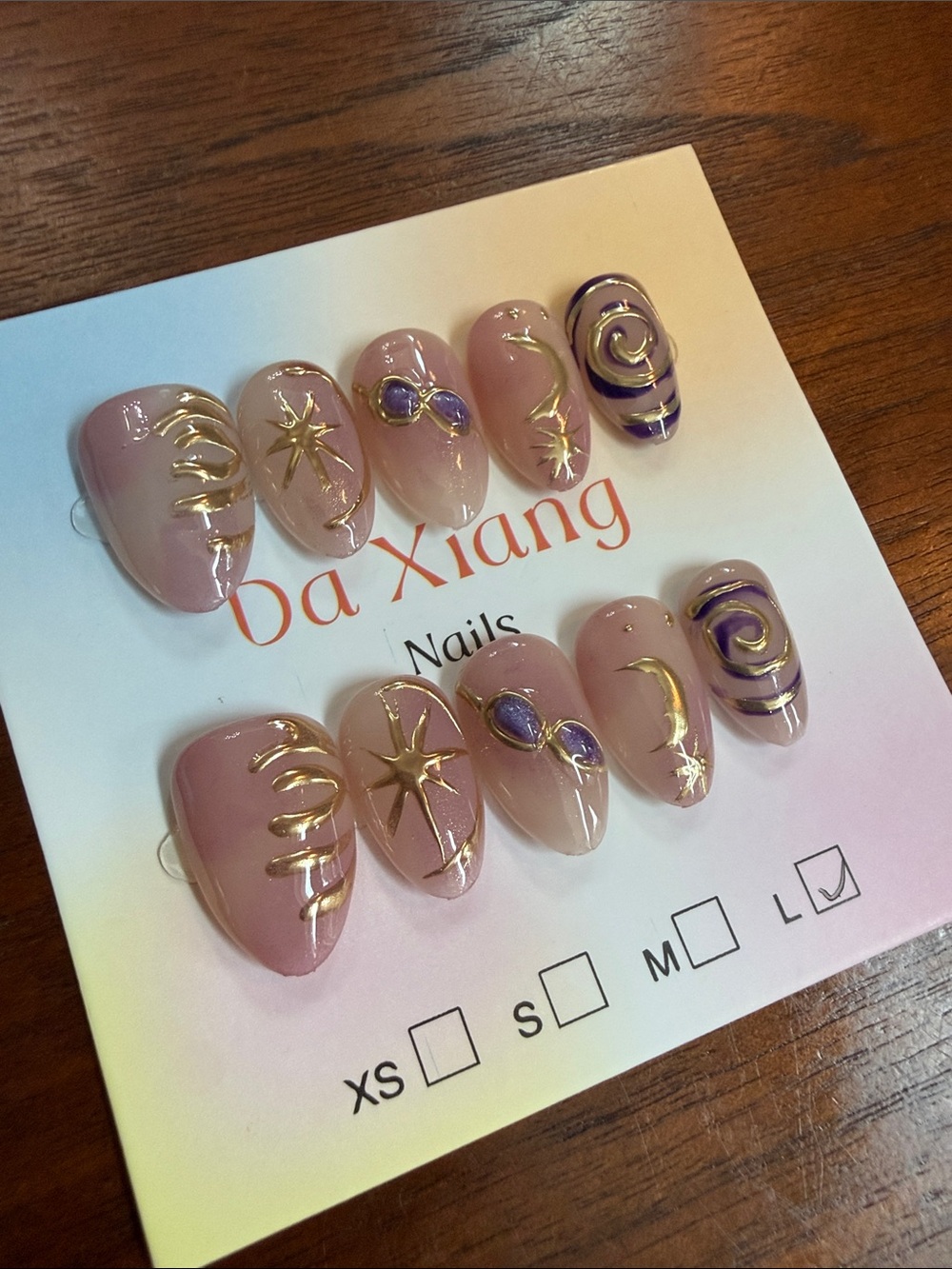 Handmade Elegant Pink & Purple Press-On Nails with Gold Accents